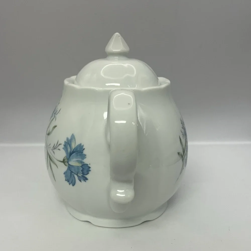 Vintage White Ceramic Teapot Blue Floral Cornflower Design Scalloped Rim